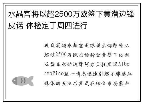 水晶宫将以超2500万欧签下黄潜边锋皮诺 体检定于周四进行